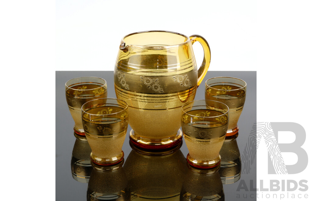 Vintage Amber Glass Lemonade Jug and Four Matching Glasses