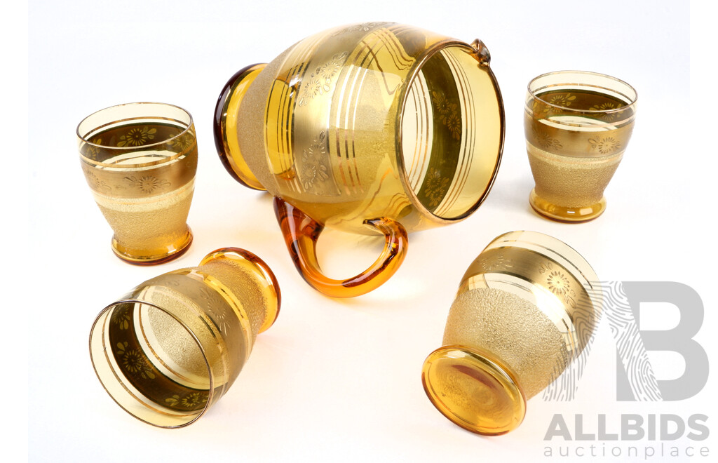 Vintage Amber Glass Lemonade Jug and Four Matching Glasses