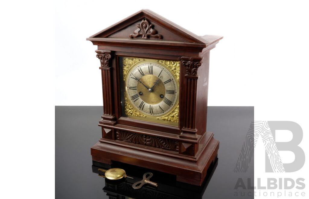 Vintage H.A.C Timber and Gold Tone Fourteen Day Chiming Mantle Clock, Made in Germany