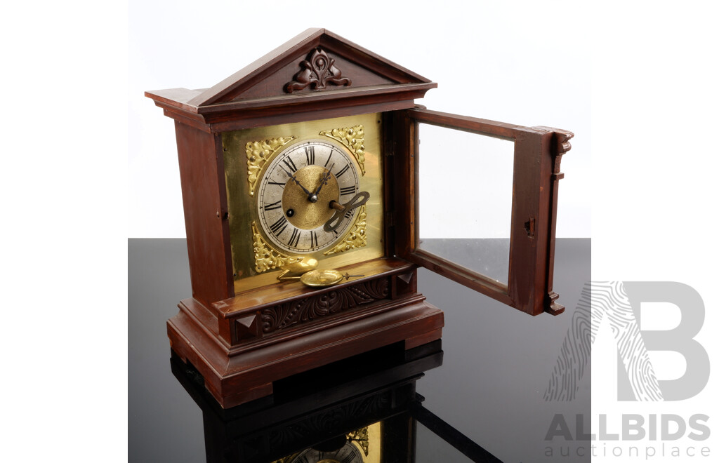 Vintage H.A.C Timber and Gold Tone Fourteen Day Chiming Mantle Clock, Made in Germany