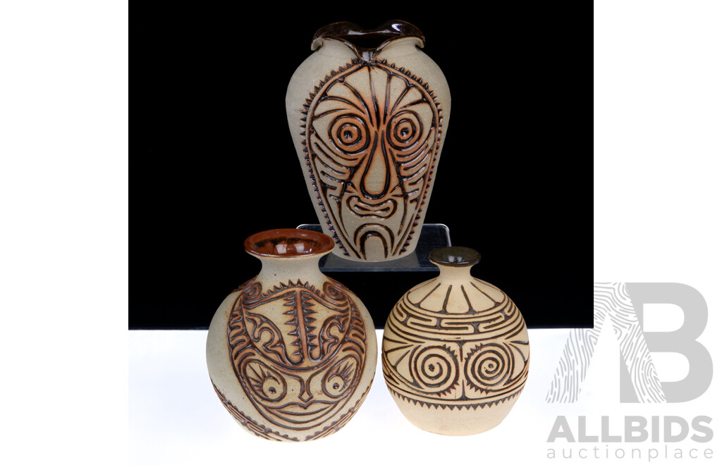 Nice Collection Three PIeces PNG Studio Pottery, with Traditional Incised Designs, All Signed to Bases