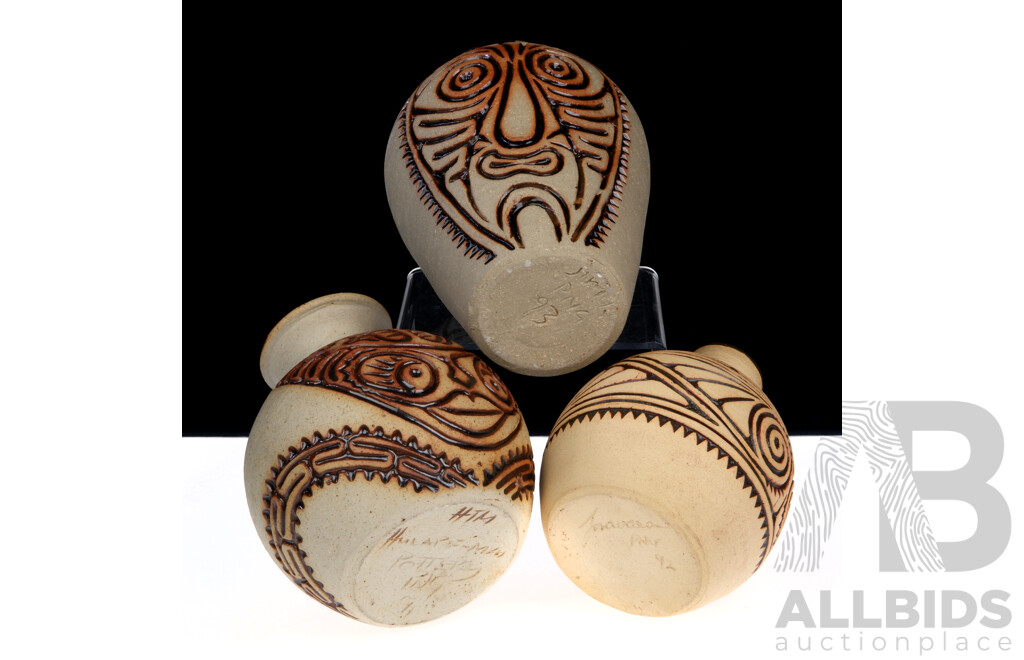 Nice Collection Three PIeces PNG Studio Pottery, with Traditional Incised Designs, All Signed to Bases