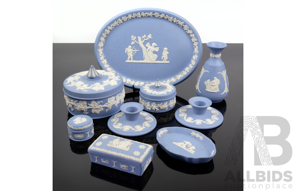 Collection Nine Vintage Wedgwood Blue & White Jasperware Pieces Including Vase, Trinket Boxes, Candle Holders and More