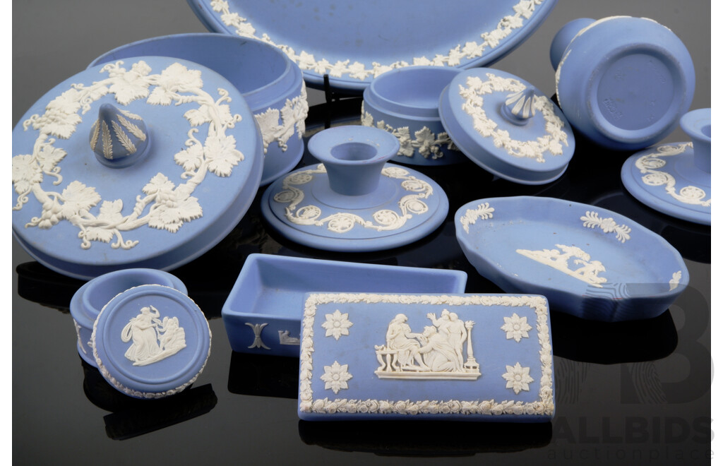 Collection Nine Vintage Wedgwood Blue & White Jasperware Pieces Including Vase, Trinket Boxes, Candle Holders and More