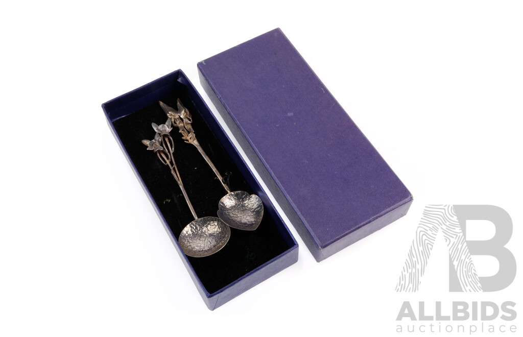 Set Two West Australian Sterling Silver Teaspoons with Native Flower Finials by Harris & Sons Comprising Sturt Pea & Donkey Orchid, in Original Case