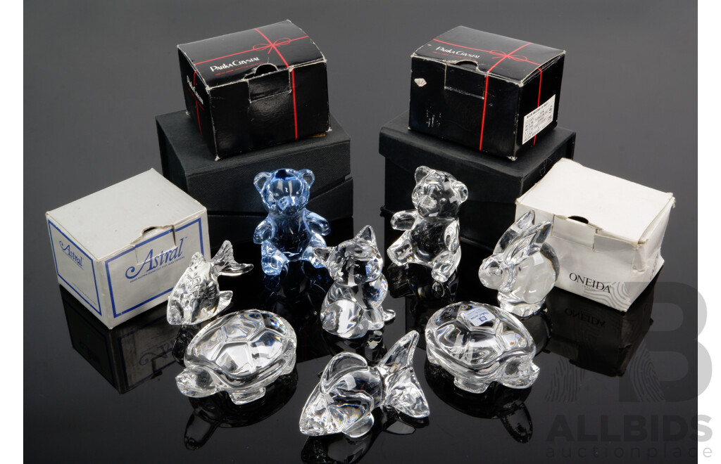 Collection Eight Vintage Crystal Animal Figures in Original Boxes Including Oneida, Astral & Parka Crystal Examples