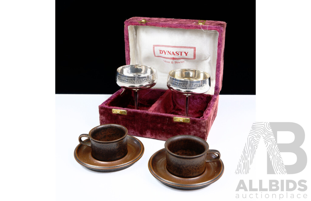 Pair Vintage Arabia Ruska Coffee Duos Along with Dynasty Silver Plate Champagne Goblets in Original Case