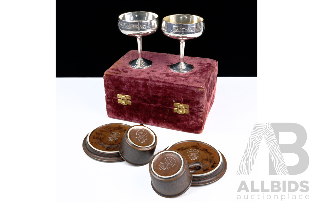 Pair Vintage Arabia Ruska Coffee Duos Along with Dynasty Silver Plate Champagne Goblets in Original Case