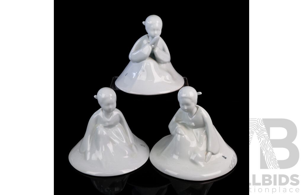 Collection Three Vintage Hand Made Korean Celadon Ceramic Figures of Children in Traditional Dress