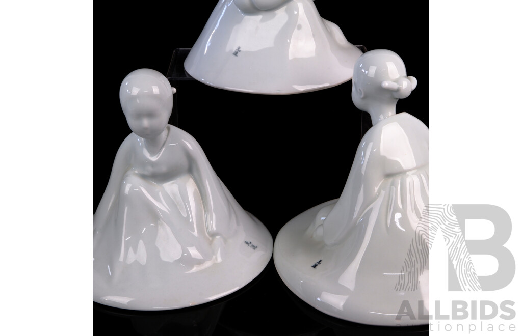 Collection Three Vintage Hand Made Korean Celadon Ceramic Figures of Children in Traditional Dress