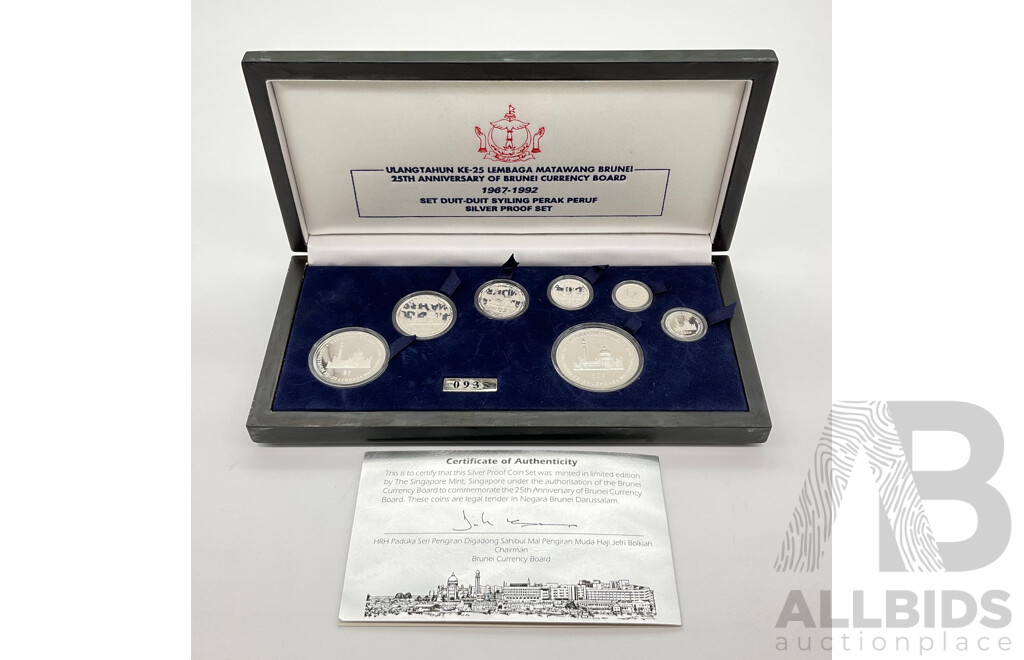 Brunei Singapore Mint 1992 Silver Proof Seven Coin Set, 25th Anniversary of Brunei Currency Board 1967-1992 - 0935 of 2000