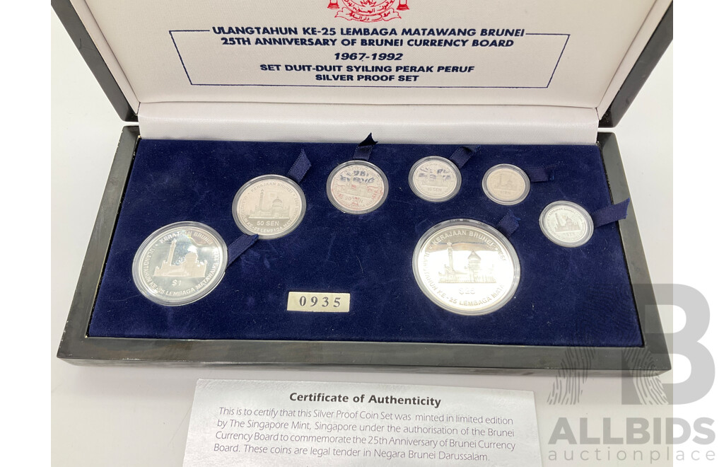 Brunei Singapore Mint 1992 Silver Proof Seven Coin Set, 25th Anniversary of Brunei Currency Board 1967-1992 - 0935 of 2000