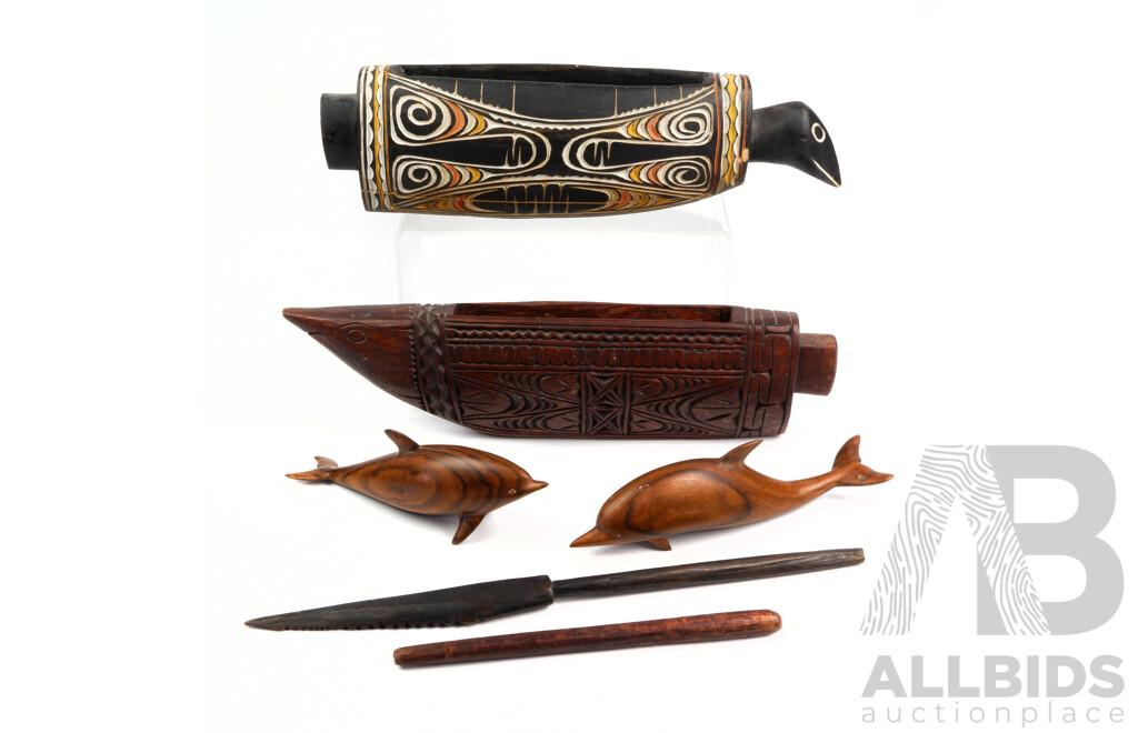 Collection Vintage PNG Hand Carved Pieces Including Pair Blond Wood Dolphin Figures, Two DIfferent Carved Small Wooden Slit Drums and More