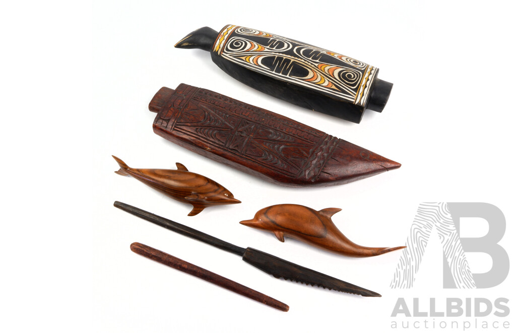 Collection Vintage PNG Hand Carved Pieces Including Pair Blond Wood Dolphin Figures, Two DIfferent Carved Small Wooden Slit Drums and More