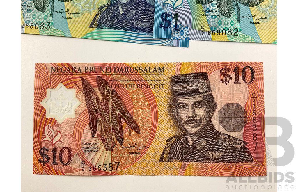 Brunei Darussalam 1996 Polymer Bank Notes, Twenty Seven One Dollar and One Ten Dollar