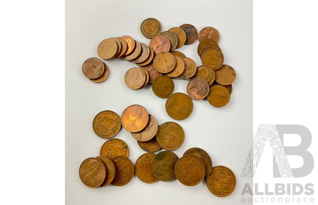 Collection of Australian One Cent Coins, Examples From 1966 to 1987 and Two Cent Coins, Examples From 1966 to 1983