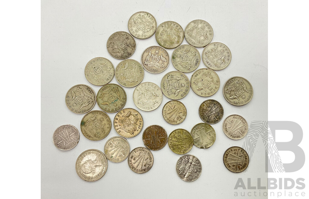 Collection of Australian Silver Sixpence Coins, Two Pre 1945, Sixteen Post 1945 and Silver Three Pence Coins, Four Pre 1945, Seven Post 1945