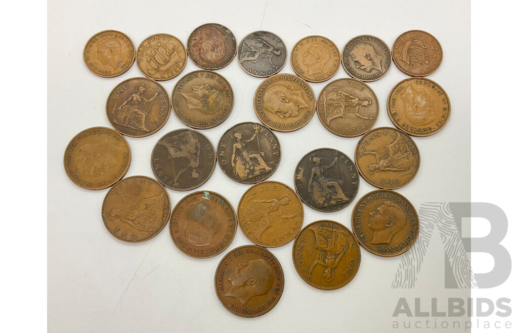 Collection of United Kingdom Pennies and Half Pennies, Examples From QV to KGVI