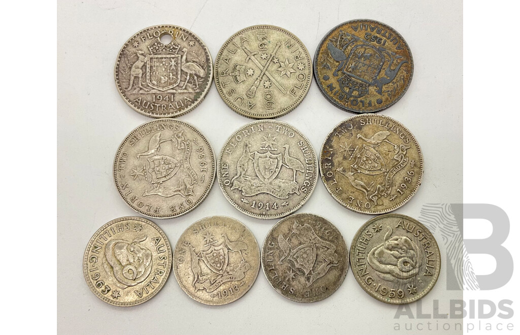 Collection of Australian Silver Florins Including 1914, 1936(2) 1941, 1951 Commemorative and 1952 and Silver Shillings Including 1913, 1916, 1959, 1963