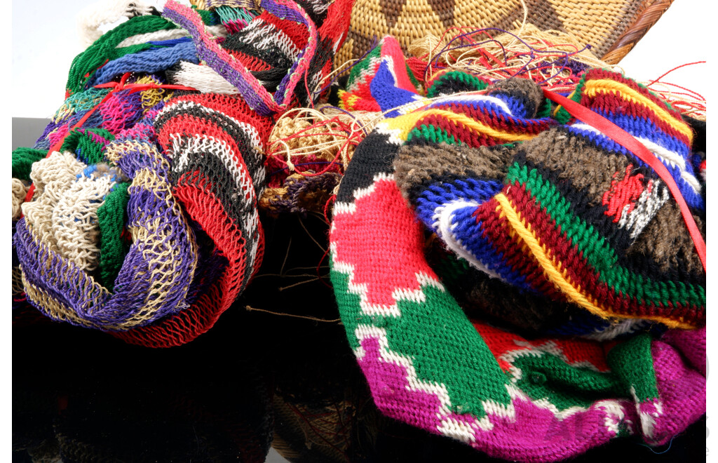 Collection Six Vintage PNG Billum Baskets Along with Hand Made PNG Tray