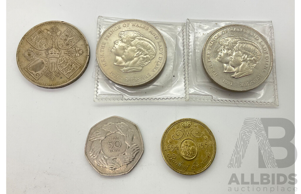 Collection of United Kingdom Coins Including 1953 Coronation Five Shillings, 1973 EEC Fifty Pence, 1982 Charles and Diana(2) and 1994 Two Pounds, Bank of England