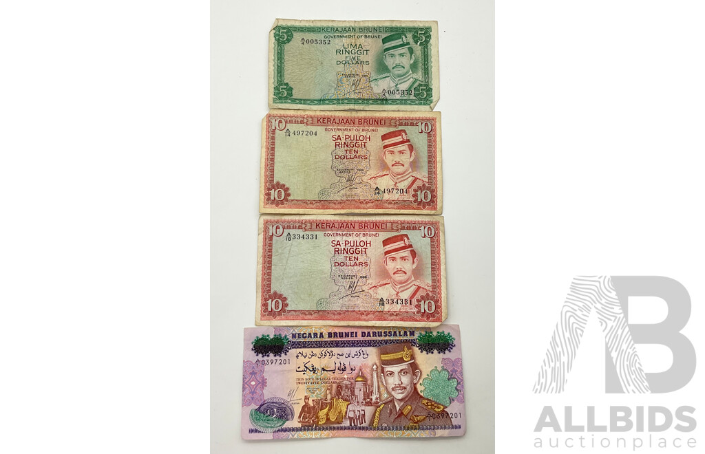 Collection of Brunei Darussalam Banknotes Including 1981 Five Ringgit, 1983, 1986 Ten Ringgit and 1992 Twenty Five Ringgit