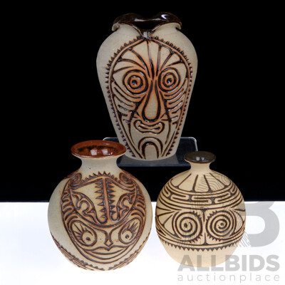 Nice Collection Three PIeces PNG Studio Pottery, with Traditional Incised Designs, All Signed to Bases