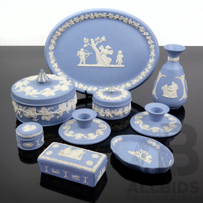 Collection Nine Vintage Wedgwood Blue & White Jasperware Pieces Including Vase, Trinket Boxes, Candle Holders and More