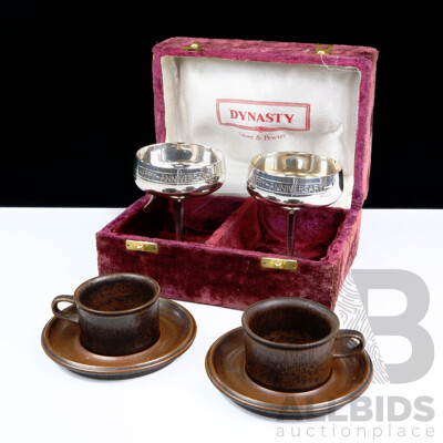 Pair Vintage Arabia Ruska Coffee Duos Along with Dynasty Silver Plate Champagne Goblets in Original Case