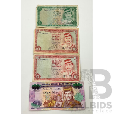 Collection of Brunei Darussalam Banknotes Including 1981 Five Ringgit, 1983, 1986 Ten Ringgit and 1992 Twenty Five Ringgit