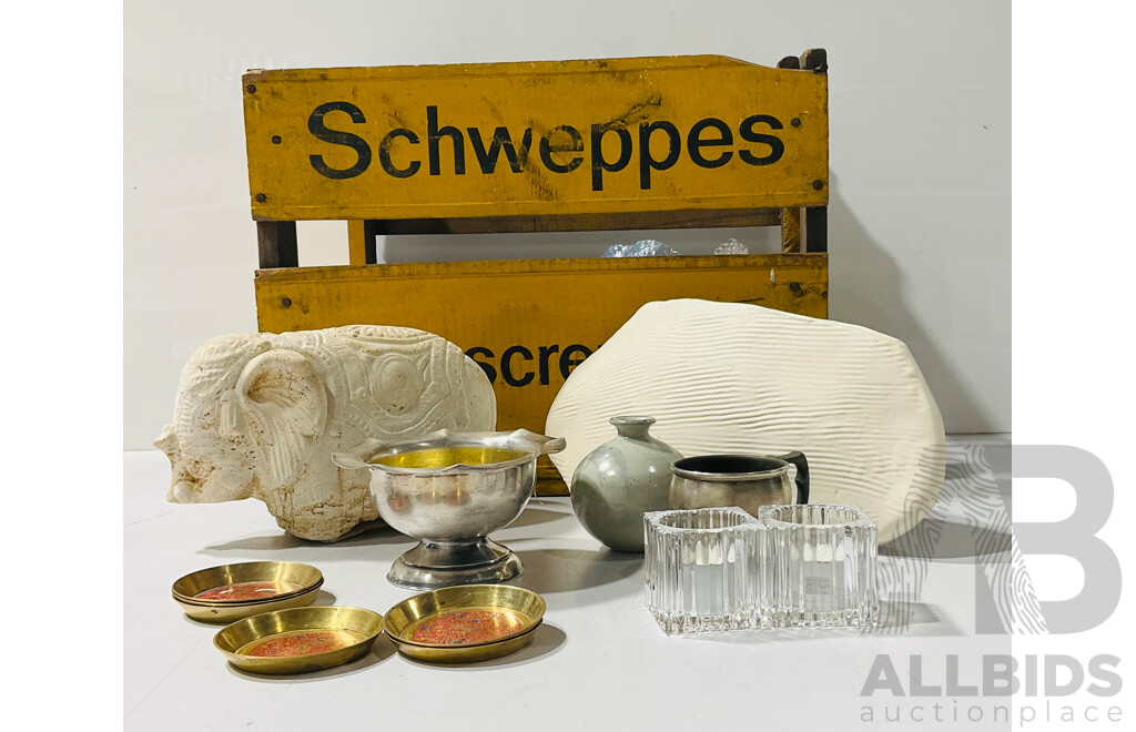 Collection of Souvenirware Including Composite Elephant Sculpture, Small Metal Dishes, Small Pottery Vase and More