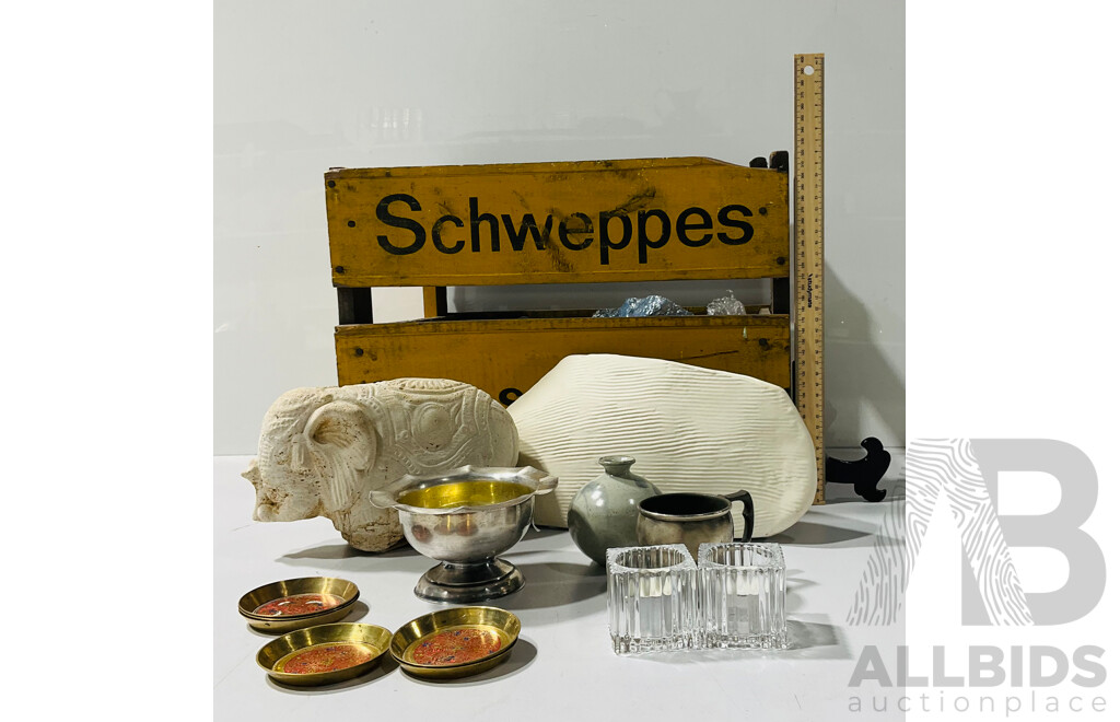 Collection of Souvenirware Including Composite Elephant Sculpture, Small Metal Dishes, Small Pottery Vase and More