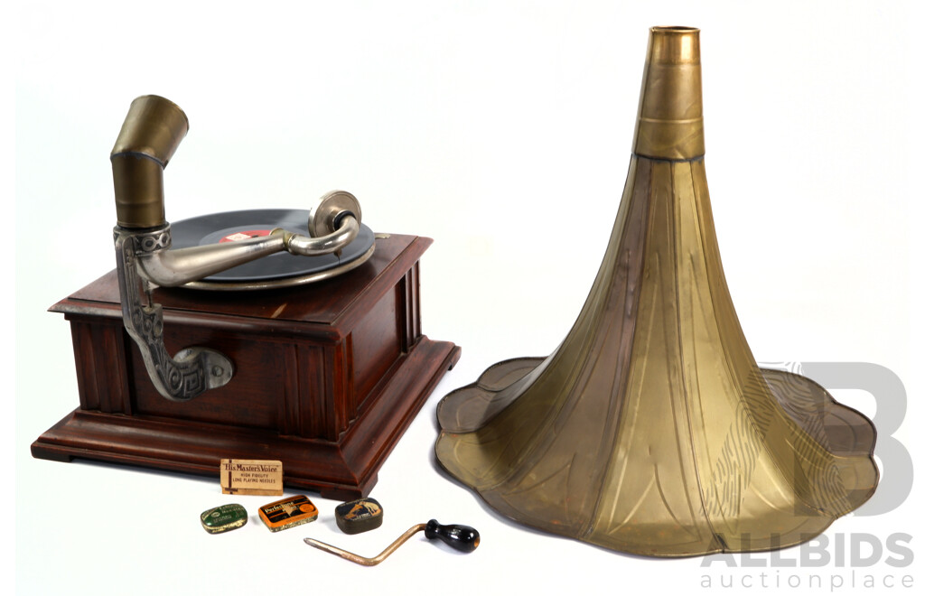 His Masters Voice Vintage Gramophone with Wind Handle, Spare Needles and Records