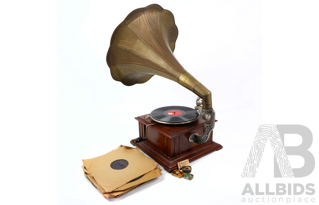 His Masters Voice Vintage Gramophone with Wind Handle, Spare Needles and Records