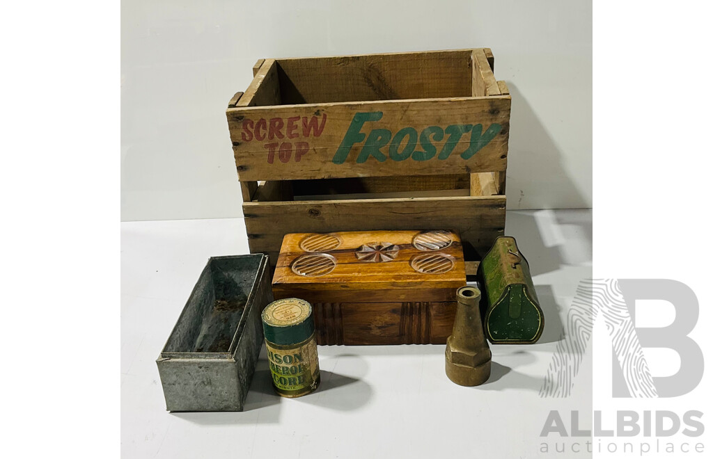 Collection of Vintage Boxes and Tins Including Carved Wooden Box and Crate