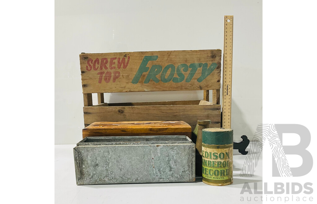 Collection of Vintage Boxes and Tins Including Carved Wooden Box and Crate