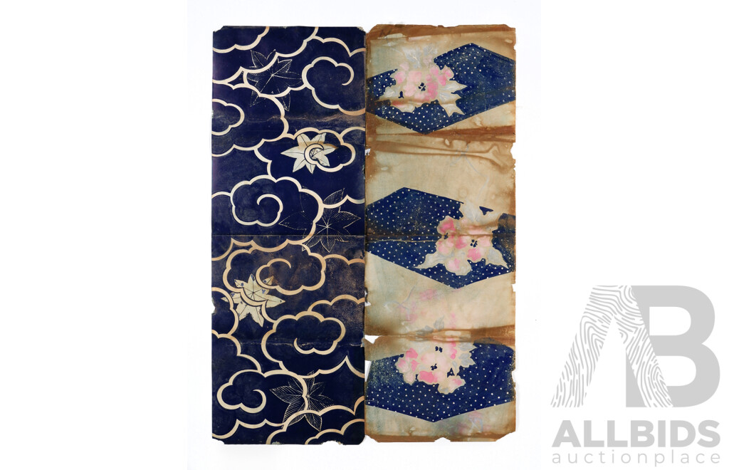 Two Rolled Sheets of Vintage Japanese Hand Painted Kimono Designs, Coloured Woodblock on Mulberry Paper (kozoshi), 35 X 96 cm (2)