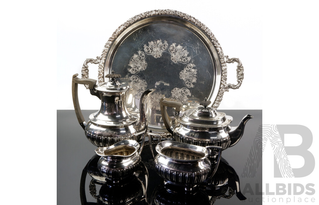 Hecworth Reproduction Silver Plate Serving Tray with Four Piece Walker & Hall Silver Plate Tea Service