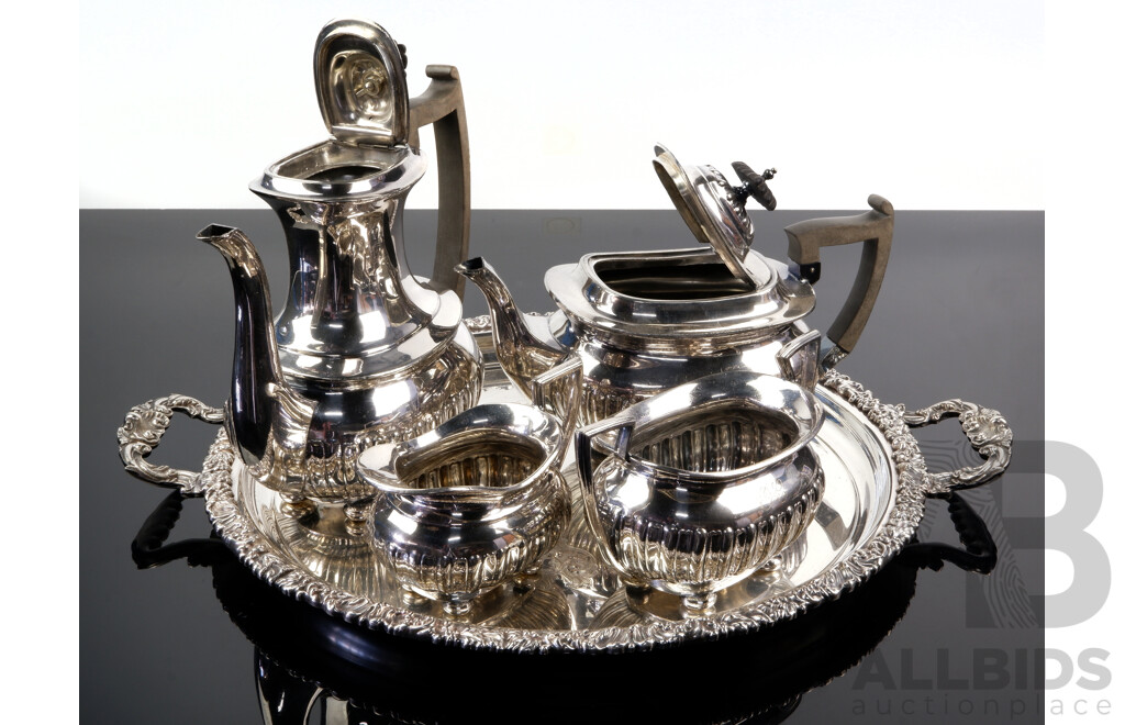 Hecworth Reproduction Silver Plate Serving Tray with Four Piece Walker & Hall Silver Plate Tea Service