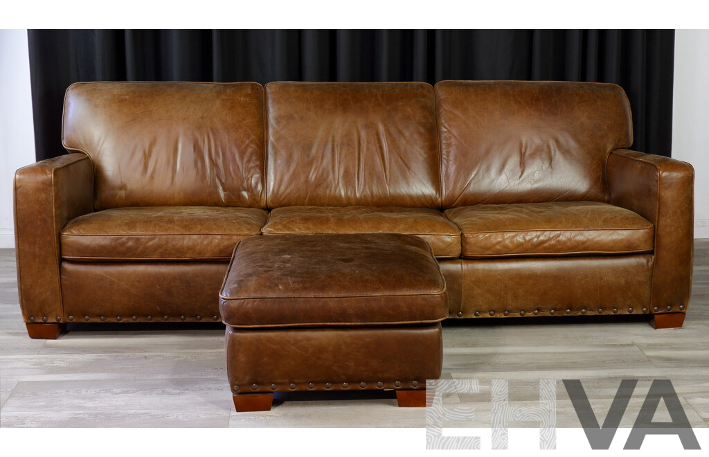 Modern Leather Club Style Three Seater Lounge with Ottoman