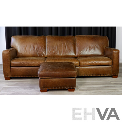 Modern Leather Club Style Three Seater Lounge with Ottoman