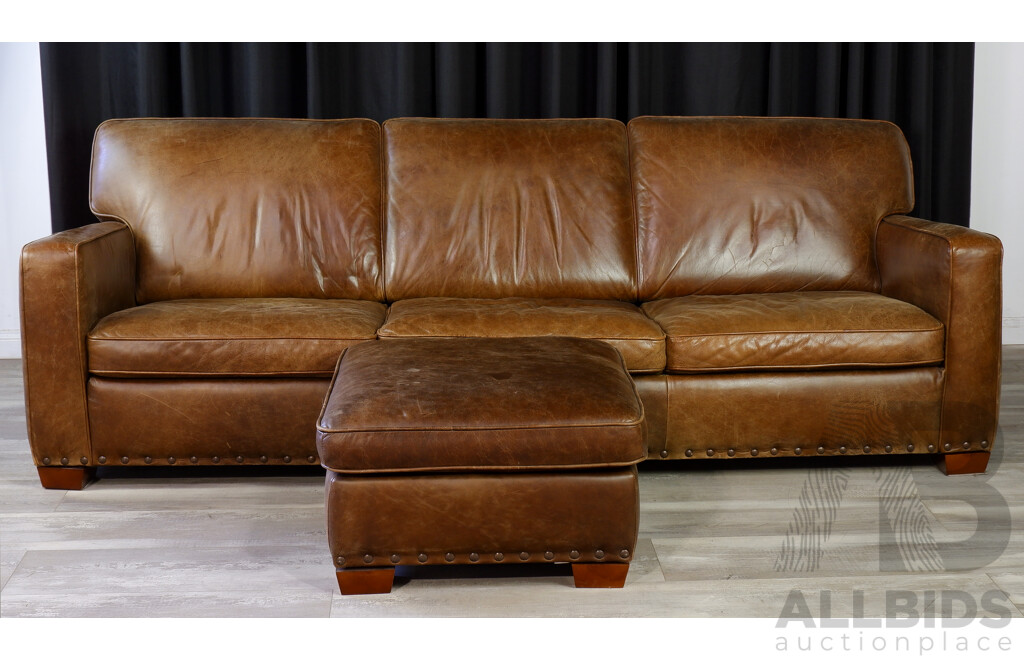 Modern Leather Club Style Three Seater Lounge with Ottoman