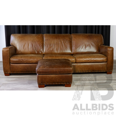 Modern Leather Club Style Three Seater Lounge with Ottoman