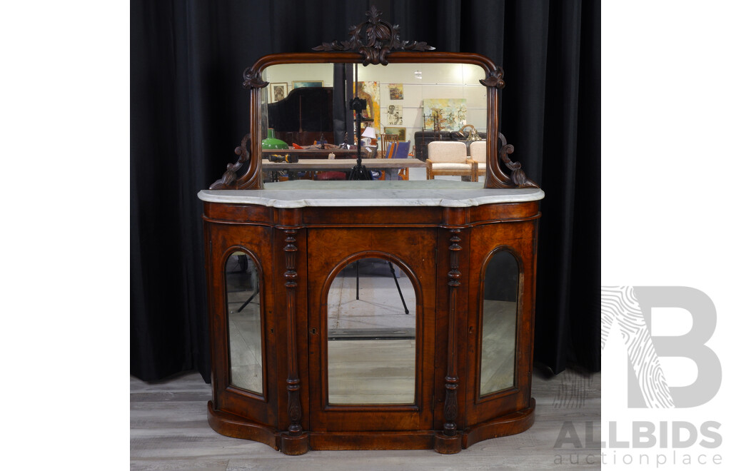 Victorian Flame Mahogany Marble Top Mirrored Back Credenza