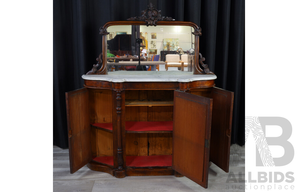 Victorian Flame Mahogany Marble Top Mirrored Back Credenza