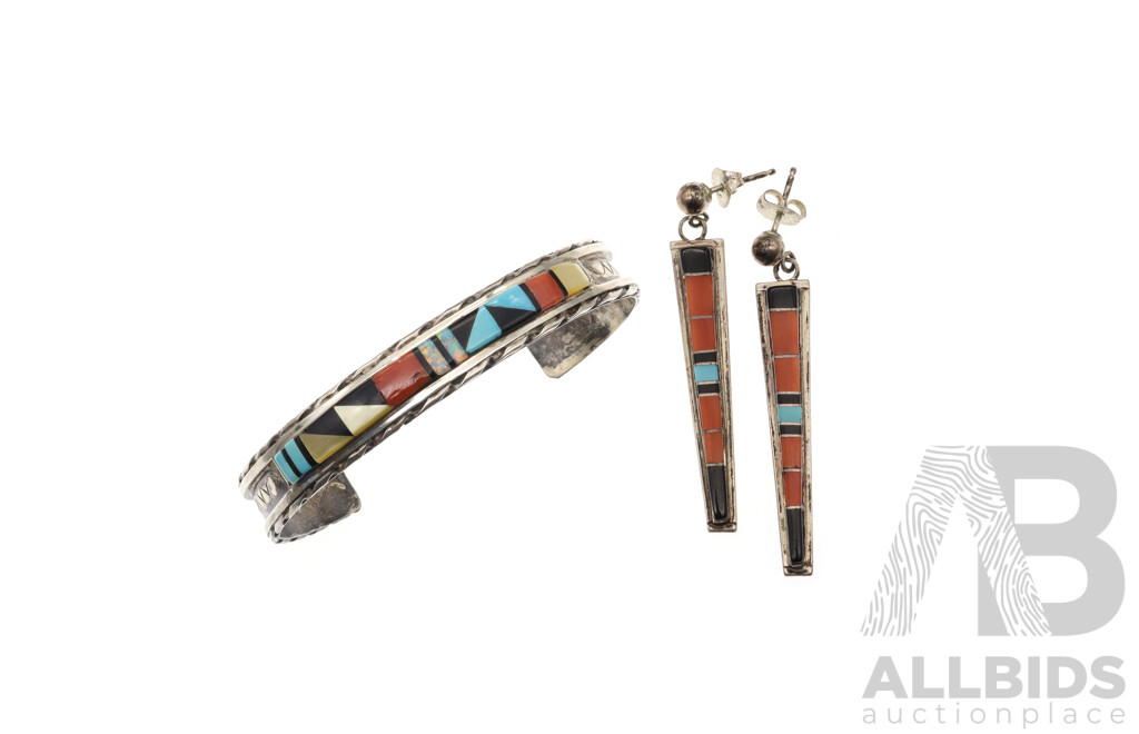 Zuni Native American Inlaid Open Cuff Bangle by Quinton Bowannie - Sterling Silver, 59mm, with Zuni Vintage Signed Drop Earrings, 15.74 Grams