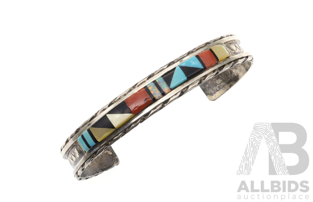 Zuni Native American Inlaid Open Cuff Bangle by Quinton Bowannie - Sterling Silver, 59mm, with Zuni Vintage Signed Drop Earrings, 15.74 Grams