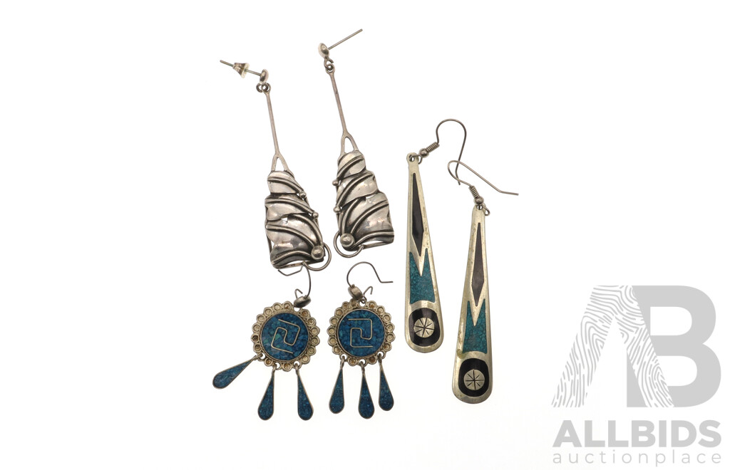 Vintage Mexican Sterling Silver Drop Earrings Including Turquoise Inlaid Alpaca and Navajo