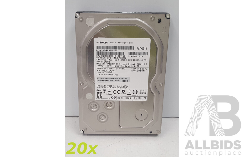 HGST 2TB 7.2K SATA 3.5-Inch Hard Drives - Lot of Twenty