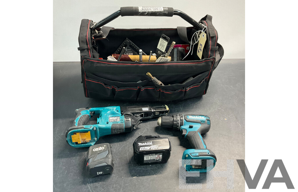 MAKITA DHP485 Brushless Hammer Driver Drill & DFR450X Mobile Autofeed Screwdriver & Assorted of Tools with Carry Bag